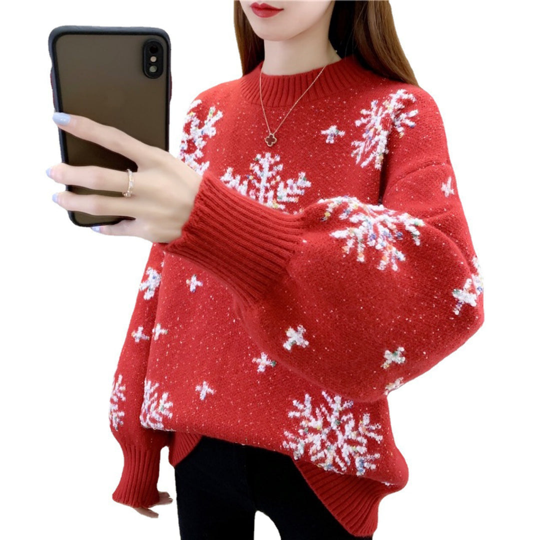 Damen Strickpullover mit Wintermotiv und Puffärmeln R&B