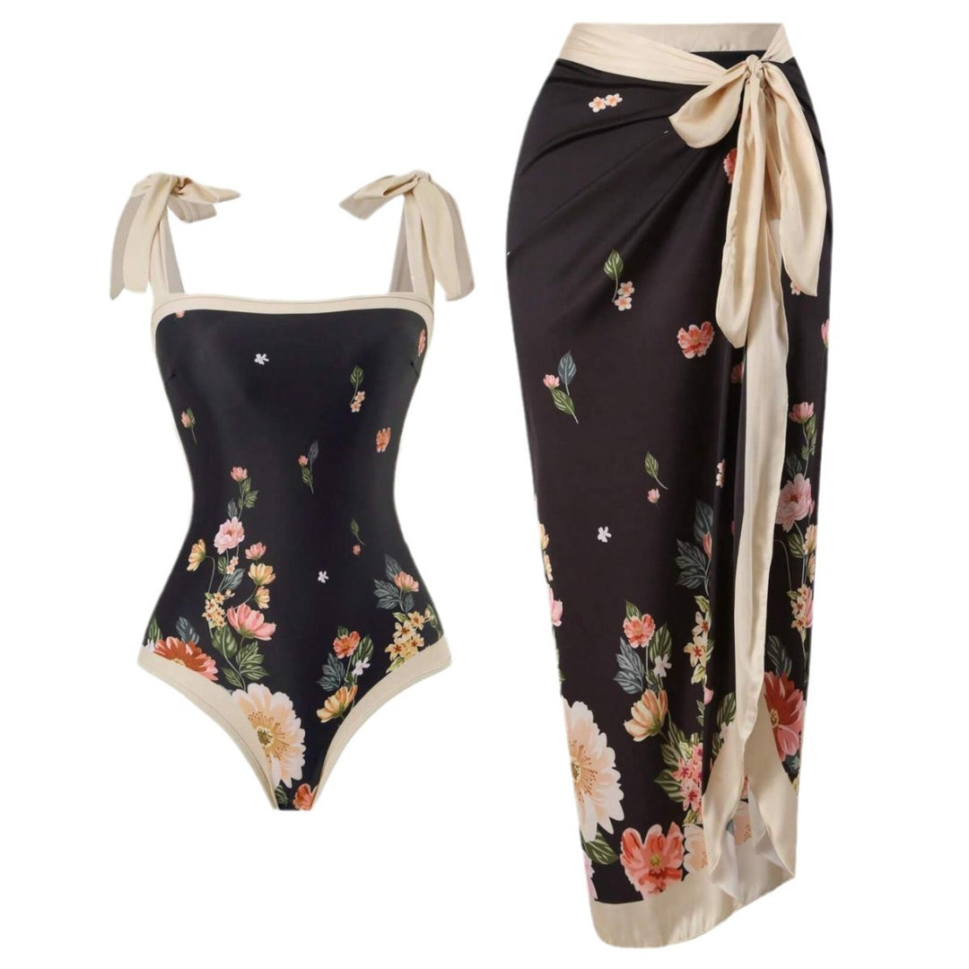 Damen Eleganter Badesuit mit floralen Akzenten und modischem Wickelrock R&B