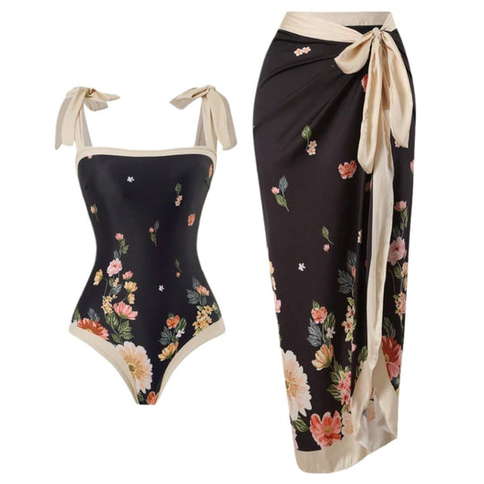 Damen Eleganter Badesuit mit floralen Akzenten und modischem Wickelrock R&B