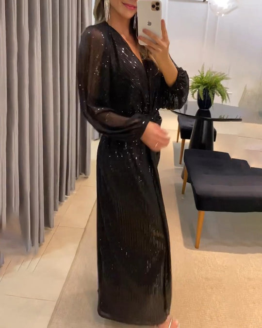 Damen elegantes Maxikleid mit glitzernden Details und raffiniertem V-Ausschnitt R&B