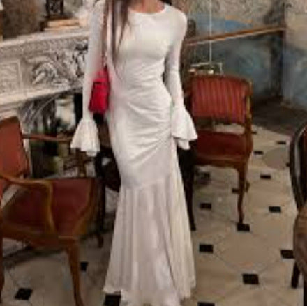 Damen figurbetontes Langkleid mit schickem Muschel-Design und elegantem Ärmelabschluss R&B