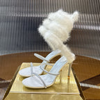 Damen Elegante Hochwertige Sandalen mit funkelnden Riemen und luxuriösem Kunstfell R&B