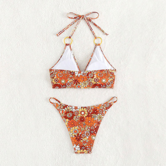 Damen Triangel-Bikini mit floralem Design und raffinierten Ringdetails R&B