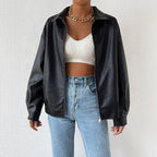 Damen trendige Kunstlederjacke im modernen Schnitt mit lässigem Reißverschluss R&B