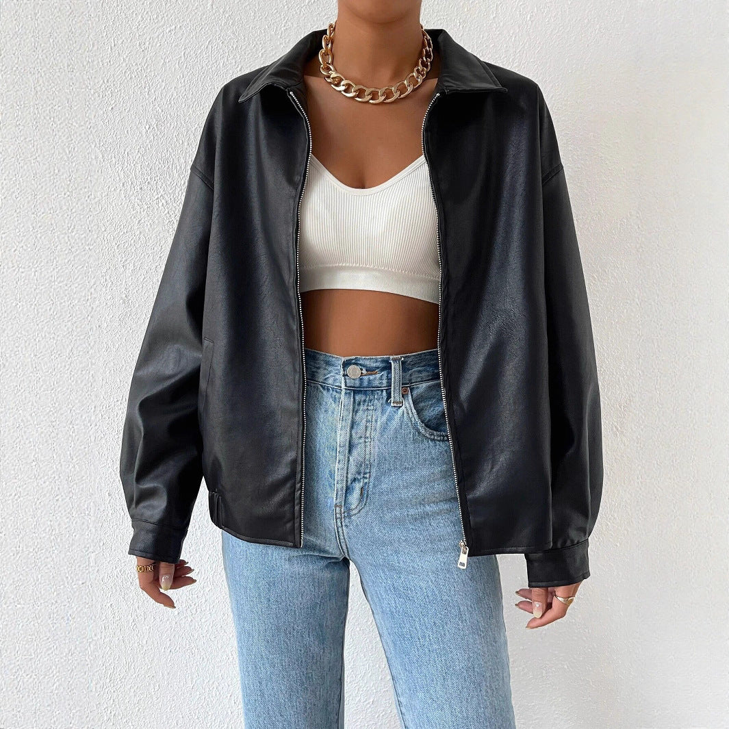Damen trendige Kunstlederjacke im modernen Schnitt mit lässigem Reißverschluss R&B