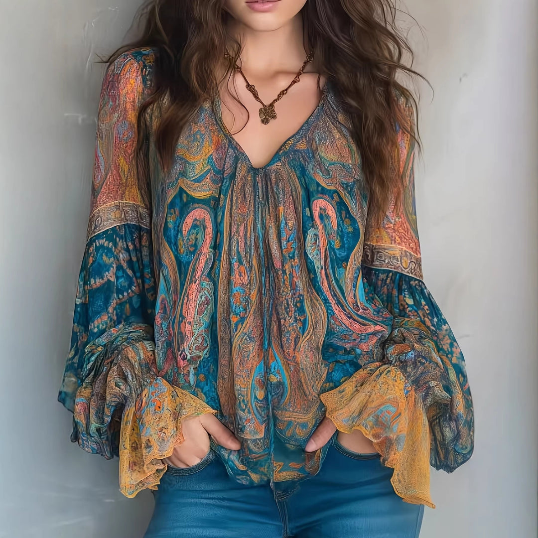 Damen Boho-Chic Bluse mit geflammten Ärmeln und V-Ausschnitt R&B