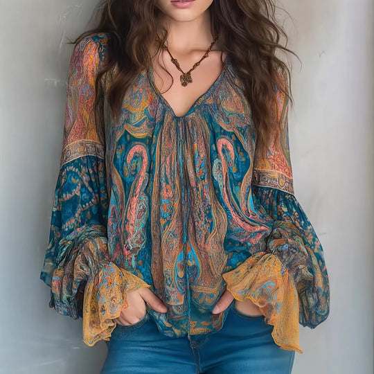 Damen Boho-Chic Bluse mit geflammten Ärmeln und V-Ausschnitt R&B