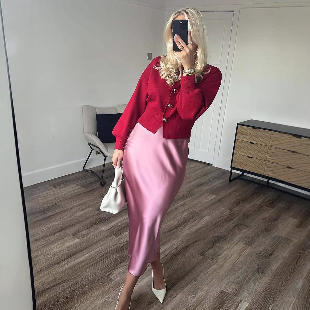 Damen Strickjacke mit eleganten Knöpfen und voluminösen Ärmeln R&B