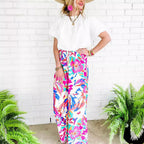 Damen weite Palazzo-Hose mit buntem Blumenmuster und elastischem Bund R&B