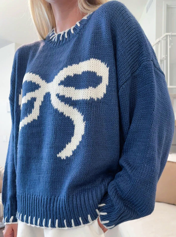 Damen lässiger Pullover mit kontrastierenden Schleifen-Detail und geripptem Saum R&B