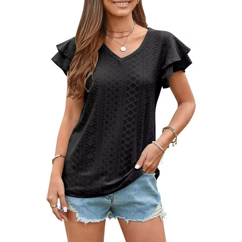 Damen luftiges V-Ausschnitt T-Shirt mit Rüschendetails und Lochmuster R&B