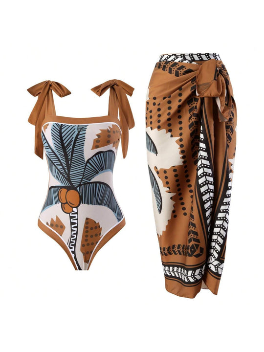 Damen Eleganter Badesuit mit floralen Akzenten und modischem Wickelrock R&B