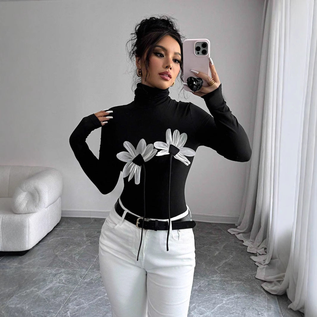 Damen Langarm-Bodysuit mit floralem Schnitt und hohem Kragen R&B