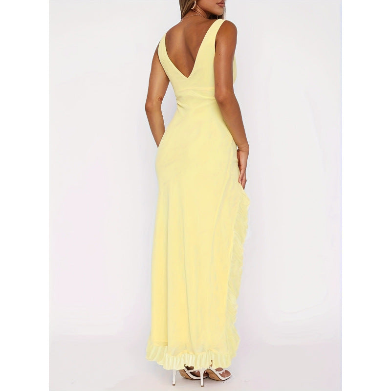 Damen Maxikleid mit voluminösen Rüschendetails und tiefem Schlitz R&B