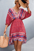 Damen Langarmkleid mit boho-inspiriertem Druck und elastischem Bund R&B
