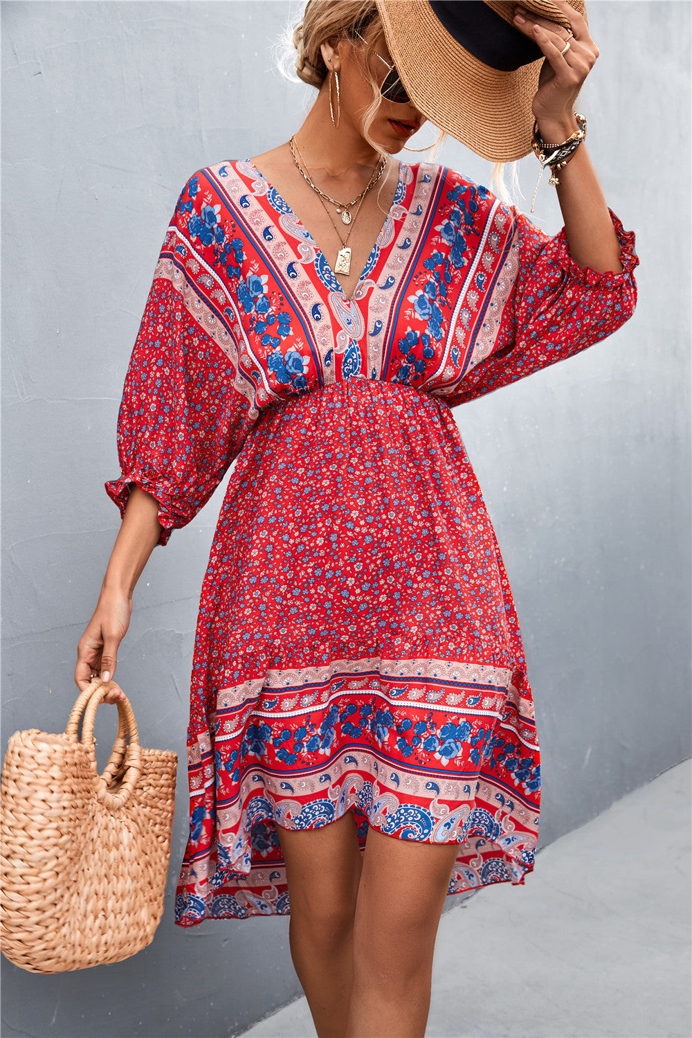 Damen Langarmkleid mit boho-inspiriertem Druck und elastischem Bund R&B