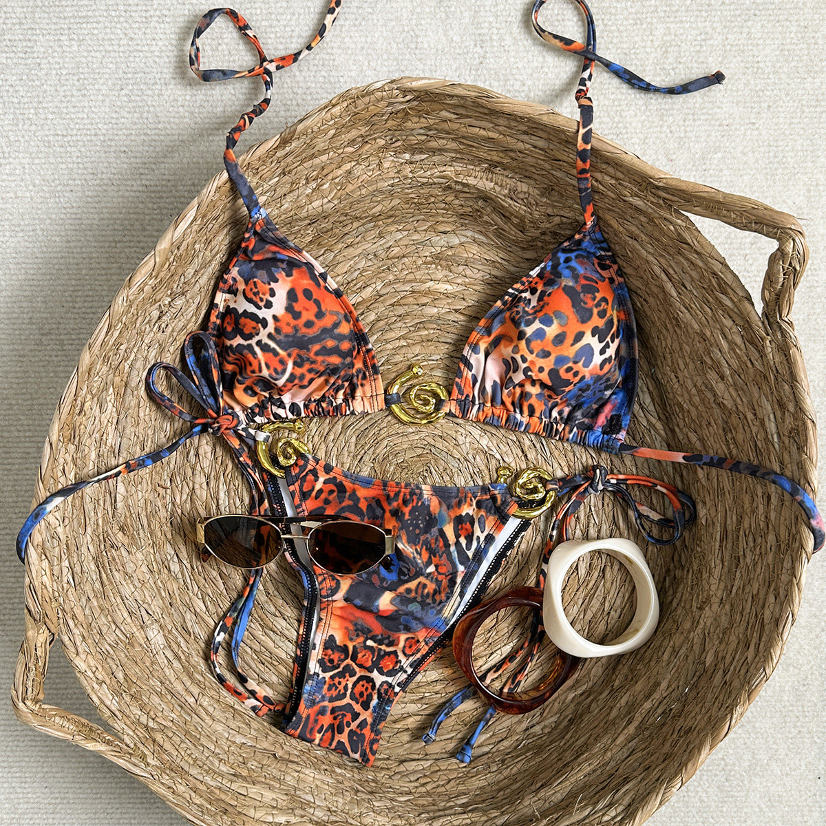 Damen Triangel-Bikini mit verstellbaren Trägern und animalischem Muster R&B