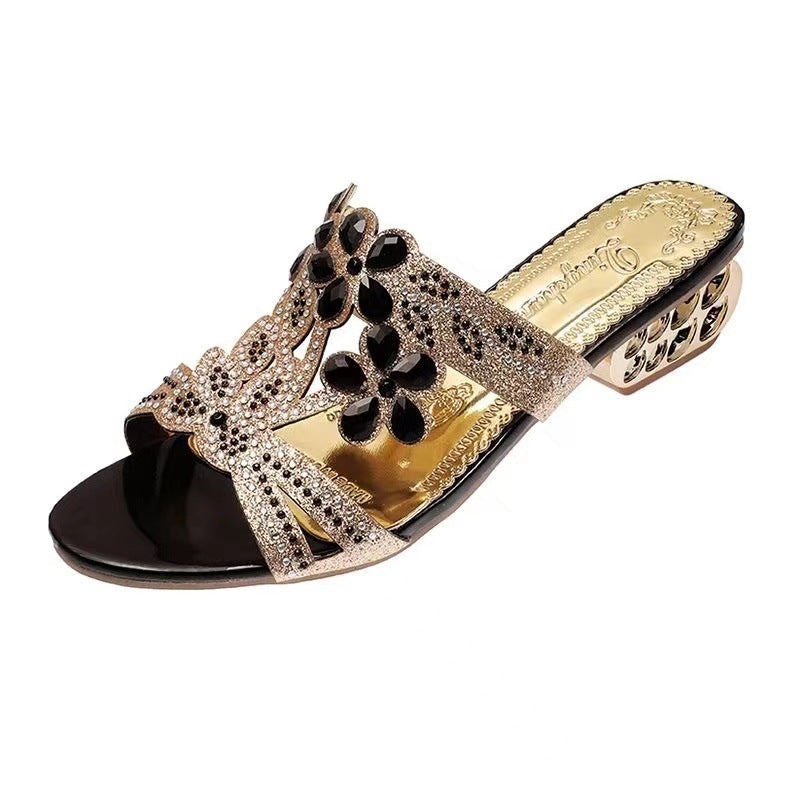 Damen nan verzierte Riemchensandalen mit mittelhohem geometrischem Blockabsatz und Kristallblumen R&B