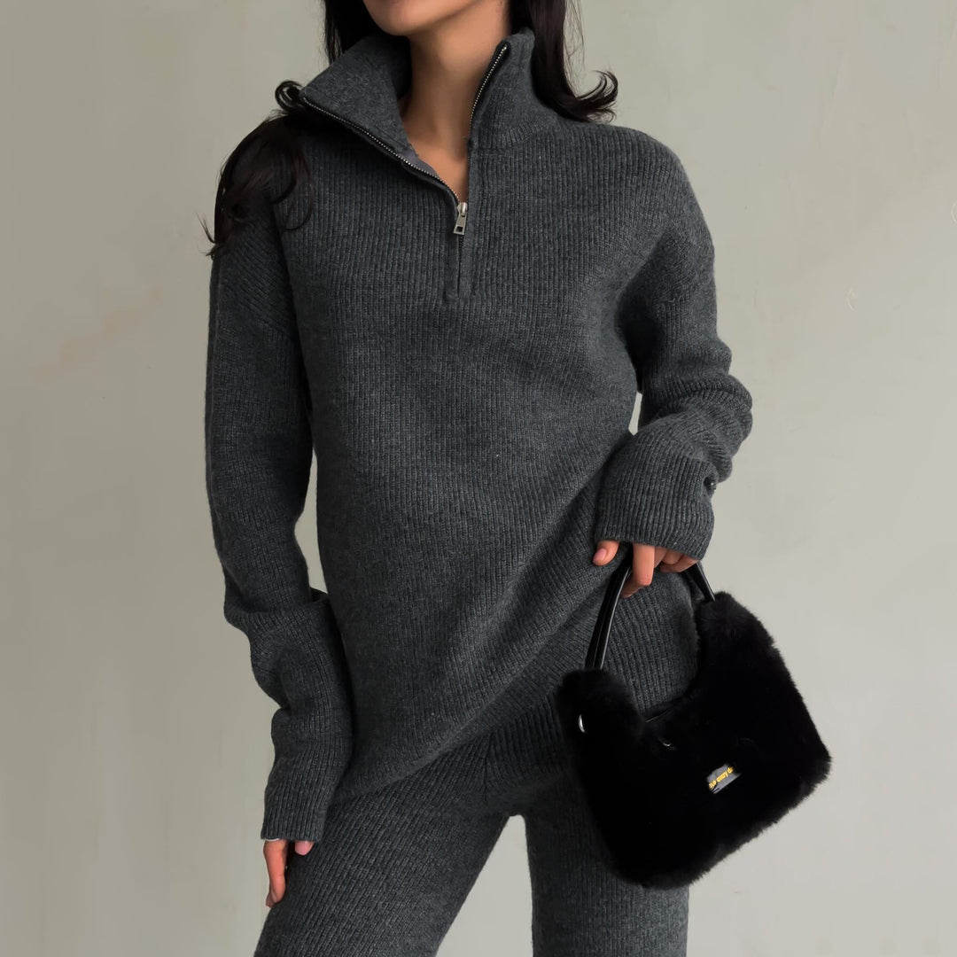 Damen trendiger Oversized Strickpullover mit Zipper und langen Ärmeln R&B
