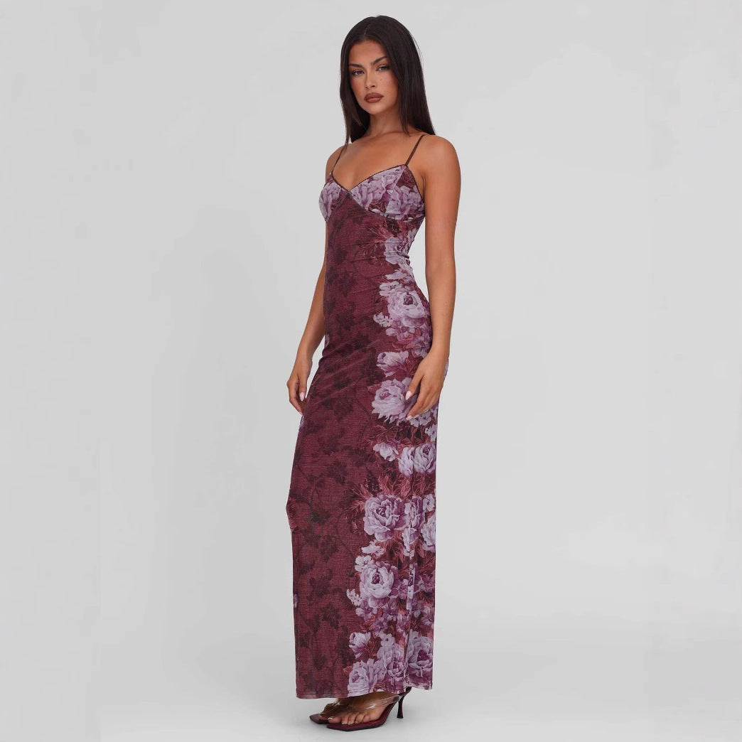 Damen nan figurbetontes Slip-Maxikleid mit Spaghettiträgern, Miedernaht und floral-barockem Digitaldruck R&B