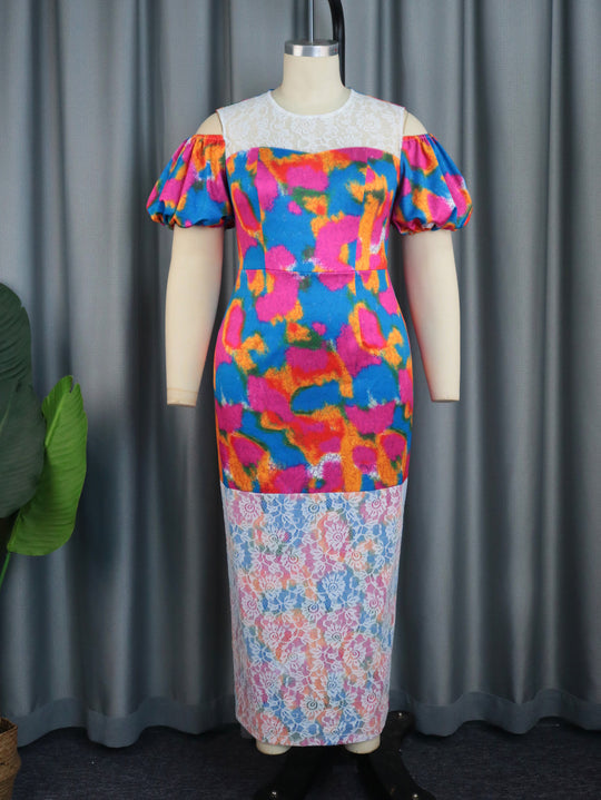 Damen Maxikleid mit voluminösen Puffärmeln und floralem Spitzenbesatz R&B