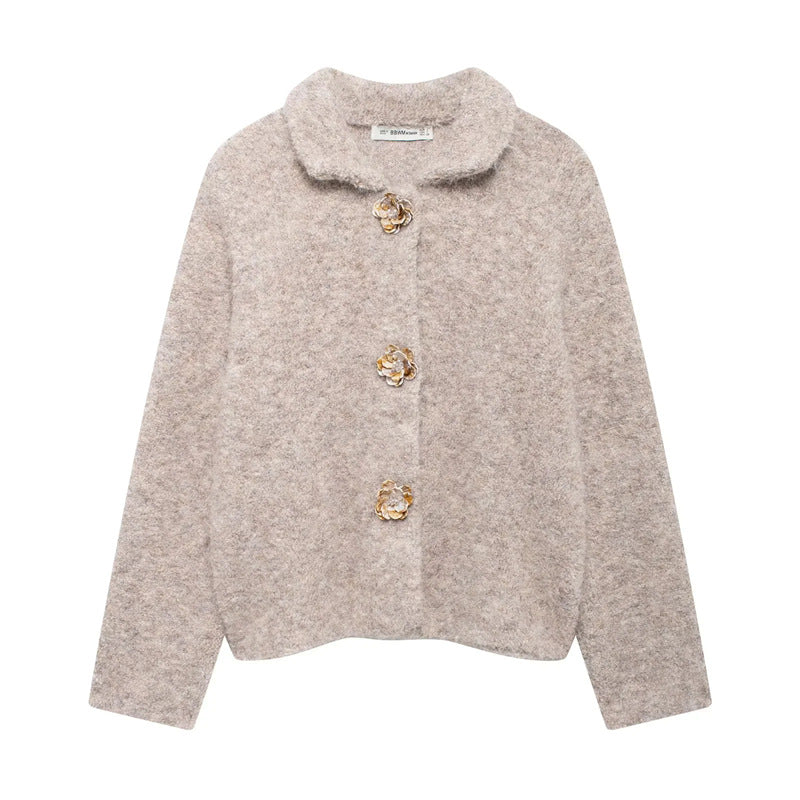 Damen flauschige Strickjacke mit dekorativen Blumenknöpfen R&B