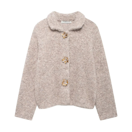 Damen flauschige Strickjacke mit dekorativen Blumenknöpfen R&B