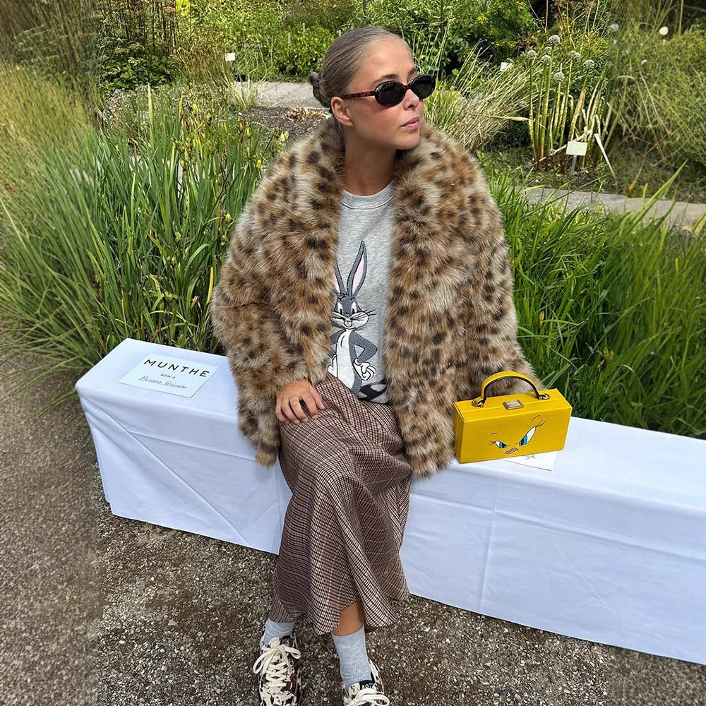 Damen künstlicher Pelzmantel im Leopardenmuster R&B