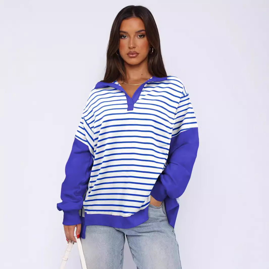 Damen Modischer Pullover mit gestreiftem Design und Kontrastdetails R&B