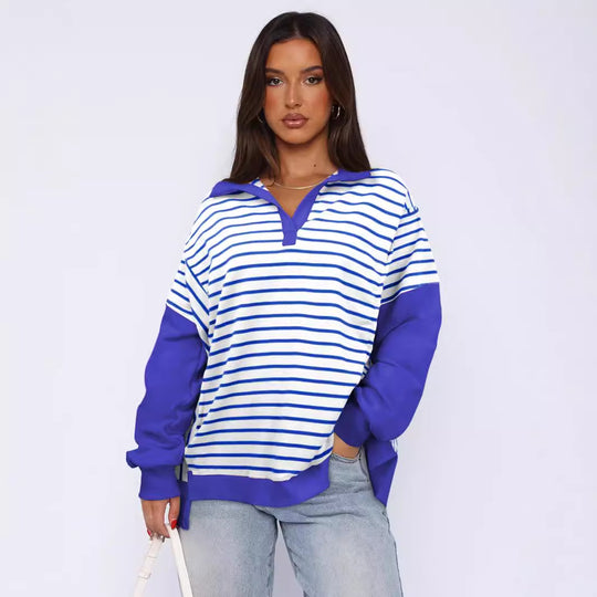 Damen Modischer Pullover mit gestreiftem Design und Kontrastdetails R&B