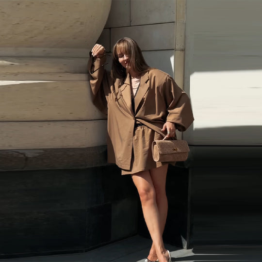 Damen Oversized Blazer-Kleid mit Seitentaschen und Gürtel R&B