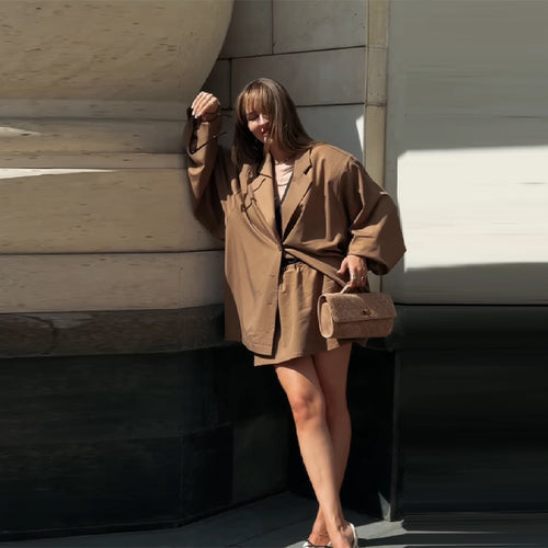 Damen Oversized Blazer-Kleid mit Seitentaschen und Gürtel R&B