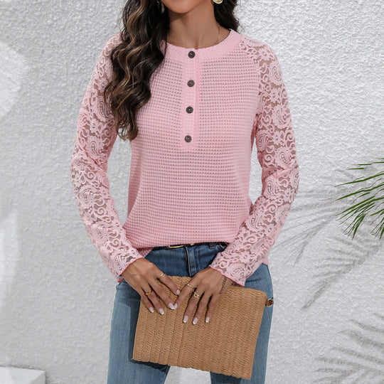 Damen Spitze Langarmshirt mit Knopfdetails und strukturierter Vorderseite R&B