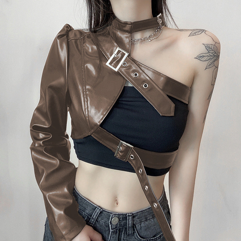 DamenR&B-Oberteil aus Kunstleder mit asymmetrischem Design R&B