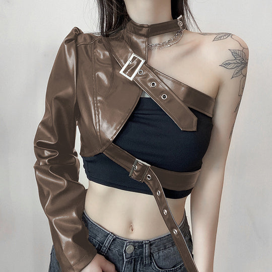 Damenmode-Oberteil aus Kunstleder mit asymmetrischem Design R&B