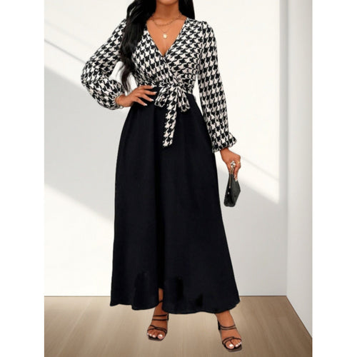 Damen Maxi-Kleid mit Kreuzverschluss und elegantem Hahnentrittmuster R&B