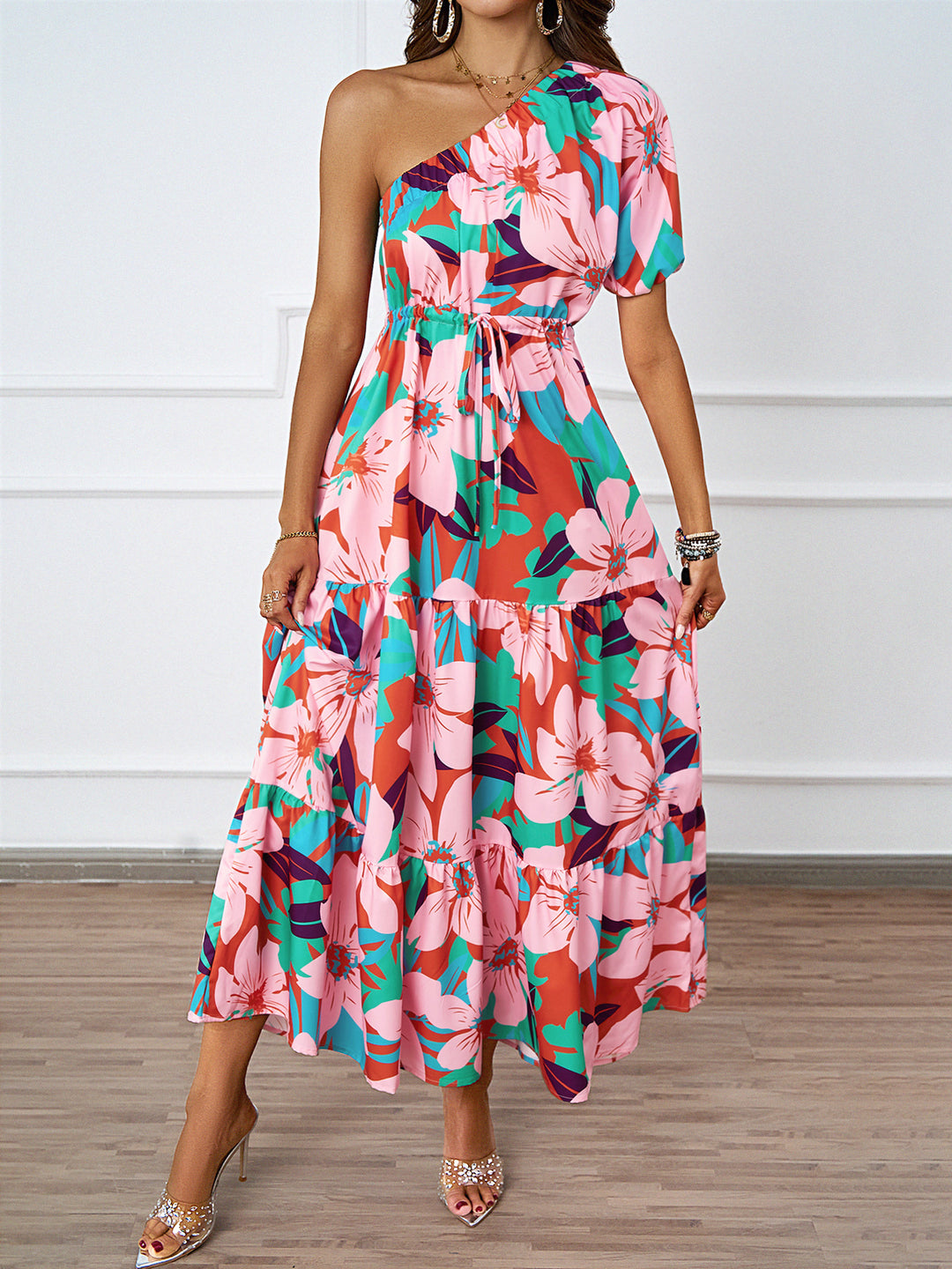 Damen Maxikleid im asymmetrischen Design mit floralem Muster und Wickelgürtel R&B