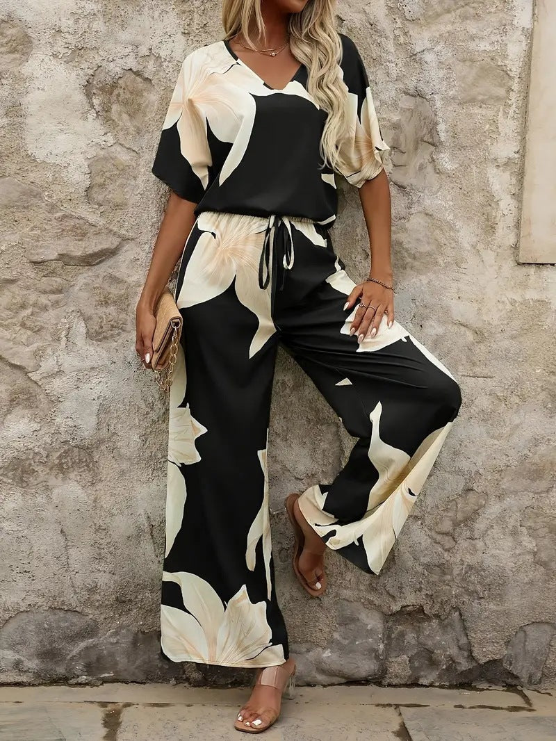 Damen luftiger Hosenanzug mit floralem Print und elastischem Bund R&B