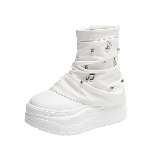 Damen nan Plateau-Stiefelette mit gerafftem Schaft und Musiknoten‑Zierapplikationen R&B