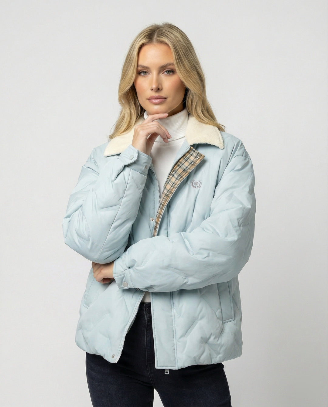Damen Cord-Patchwork Steppjacke Warmer Wintermantel mit Revers Kragen