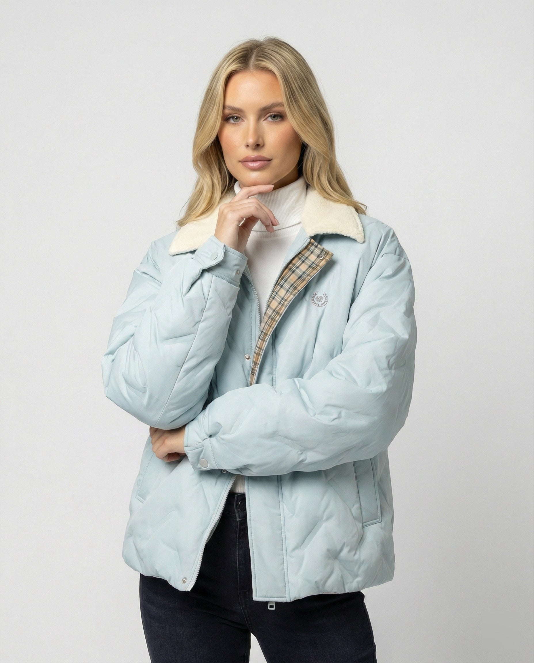 Damen Cord-Patchwork Steppjacke Warmer Wintermantel mit Revers Kragen