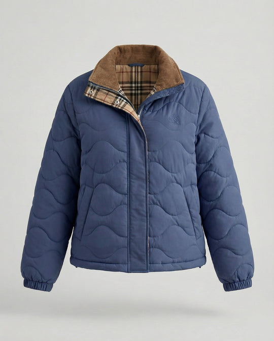 Damen Cord-Patchwork Steppjacke Warmer Wintermantel mit Revers Kragen