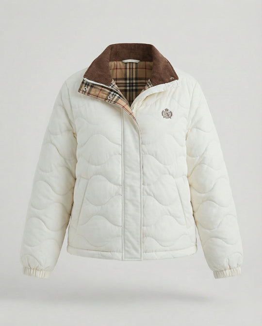 Damen Cord-Patchwork Steppjacke Warmer Wintermantel mit Revers Kragen