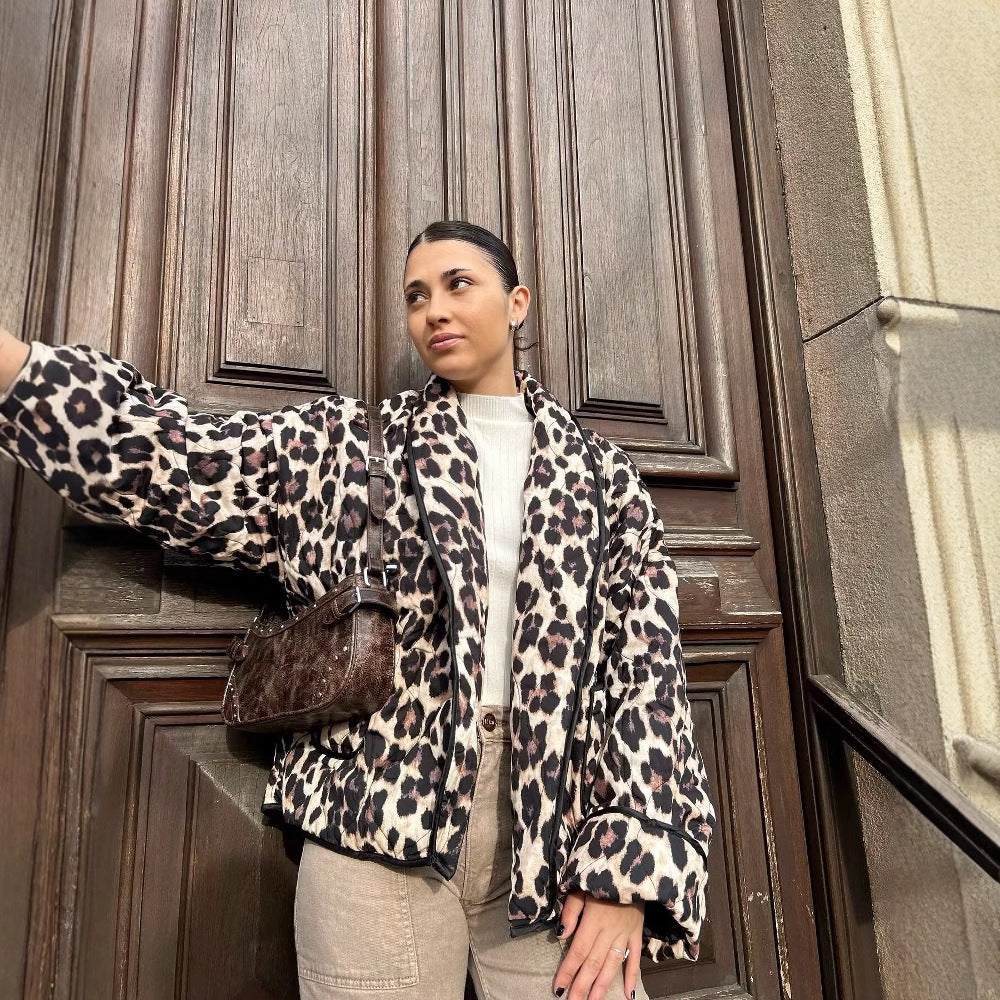 Damen lässige Leopardenmuster Jacke mit praktischem Schnitt und großen Taschen R&B