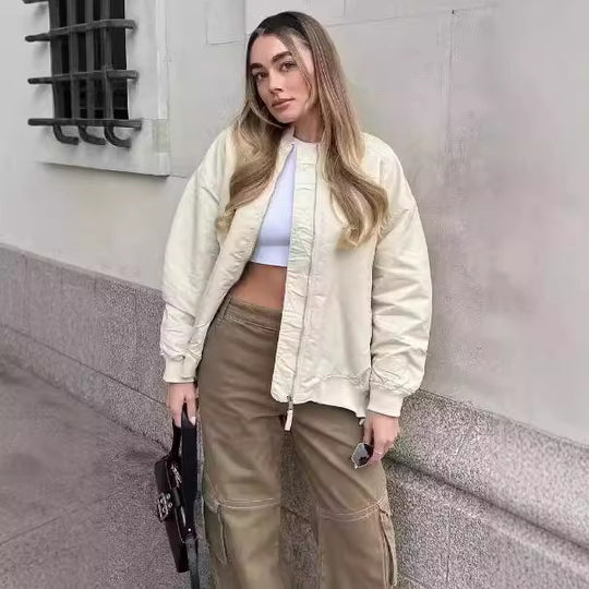 Damen sportliche Bomberjacke mit praktischen Taschen und Stehkragen R&B