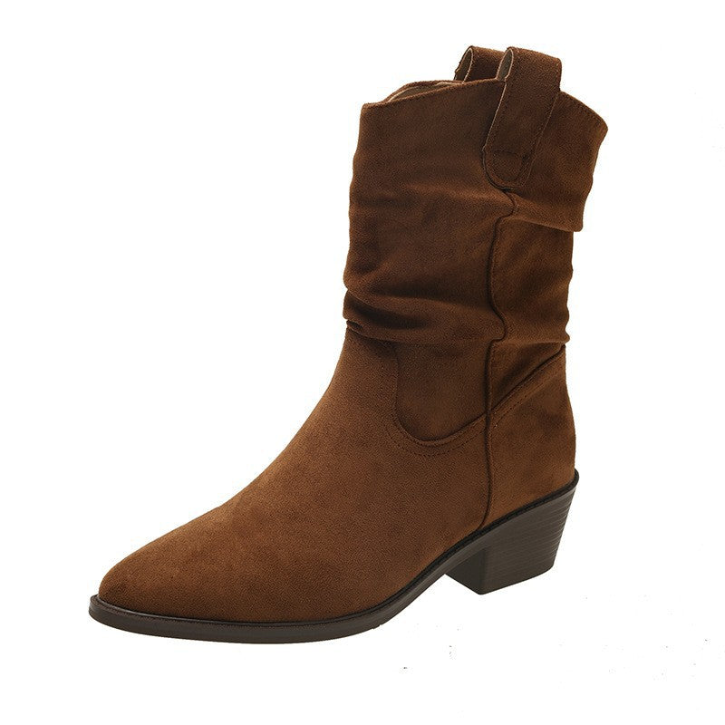 Damen Cowboy-Stiefel mit modischem Falten-Design und komfortablem Blockabsatz R&B