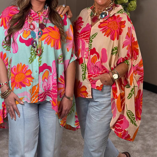 Damen Übergroßes Hemdblusenshirt mit floralem Print und kurzer Knopfleiste Heidi-Mode