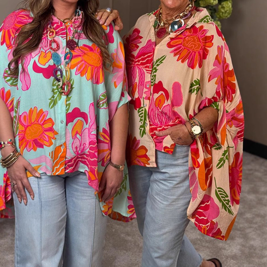 Damen nan luftige Oversize-Hemdbluse im Resortstil mit großflächigem Blumenprint und asymmetrischem Zipfelsaum R&B