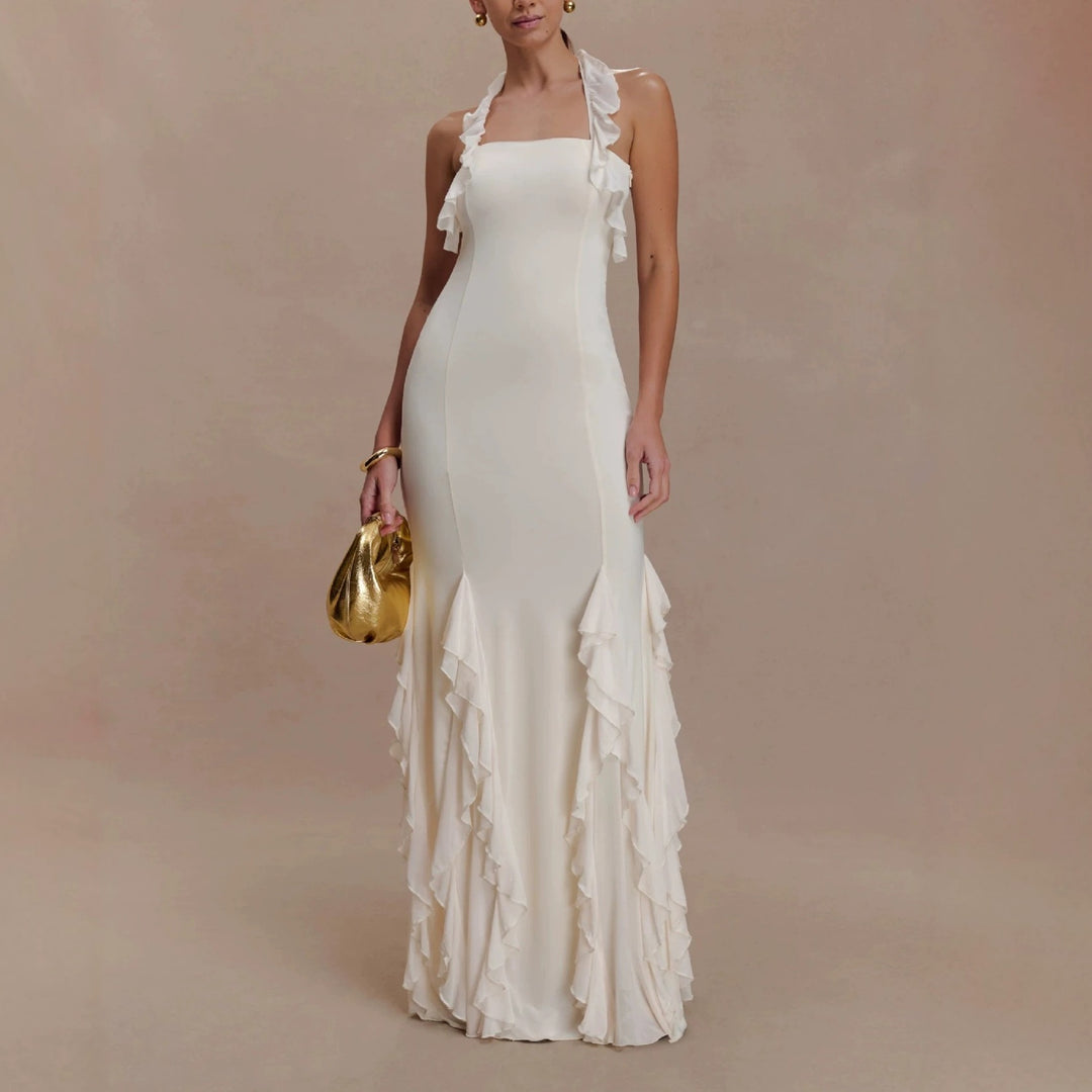 Damen Elegantes Langarm-Maxikleid mit Rüschendetails R&B