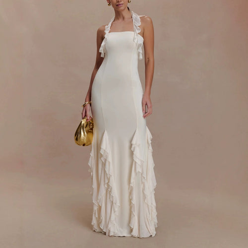 Damen Elegantes Langarm-Maxikleid mit Rüschendetails R&B